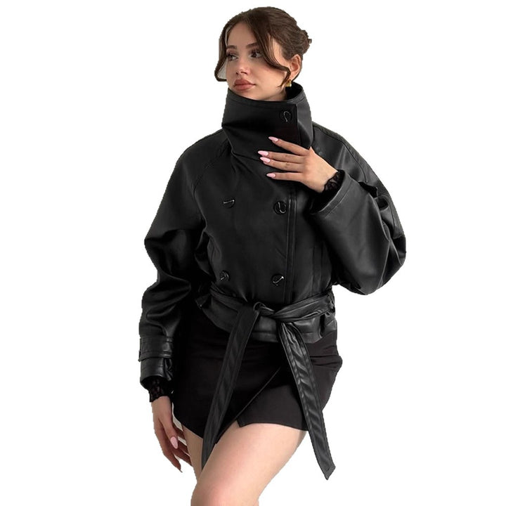 Women Tailored Short Blouson Jacket made of Imitation Leather with High Stand-up Collar and Ties Belt Amarae