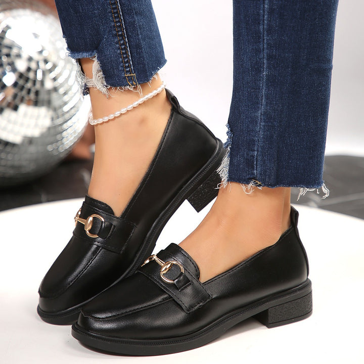 Ladies Patent Leather Platform Loafer with Gold Horsebit Detail and Low Block Heel Amarae