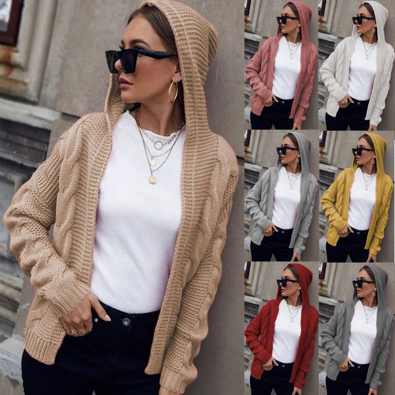 Chunky knit jacket for women with hood and relief pattern Lune London