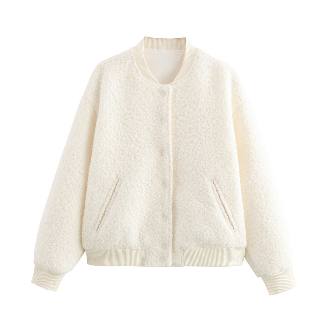 Ladies fleece jacket with textured fabric and practical button closure Lune London