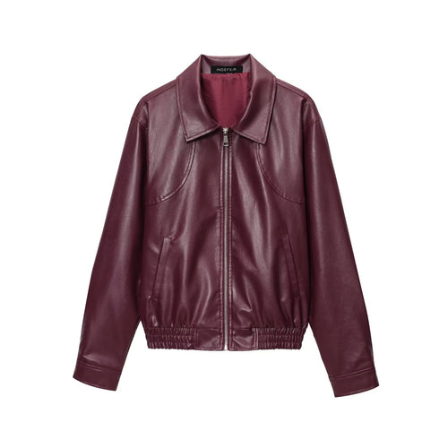 Fashionable faux leather jacket for women with elastic belt and high collar Amarae