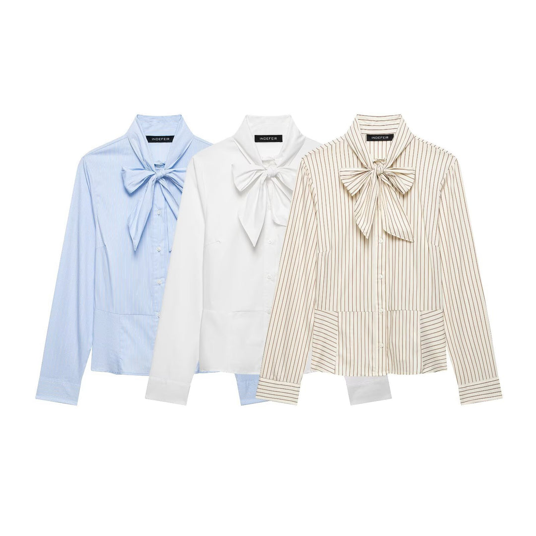 Ladies blouse with bow collar and tailored inset seams Amarae