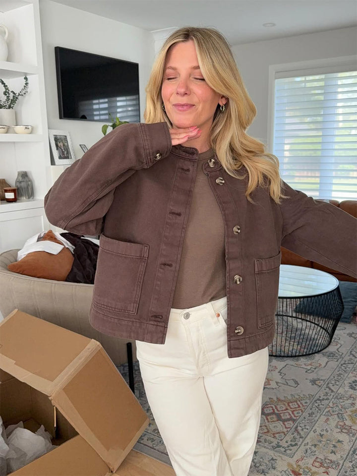 Women's Boxy Denim Jacket with Stand-up Collar, Patch Pockets and Roll-up Cuffs Amarae