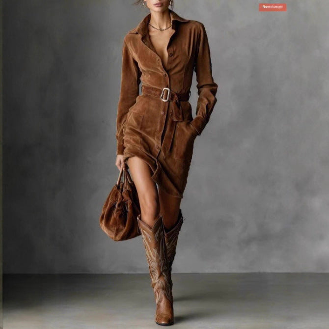 Robe chemise femme avec ceinture ajustée et poches latérales Chic & Stil