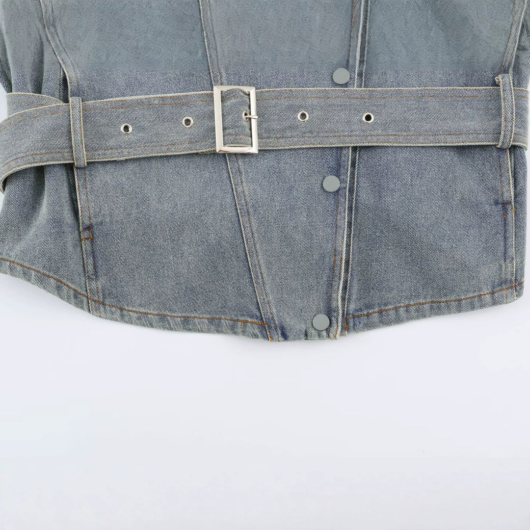 Women's denim jacket with belted waist and asymmetric snap button placket Amarae