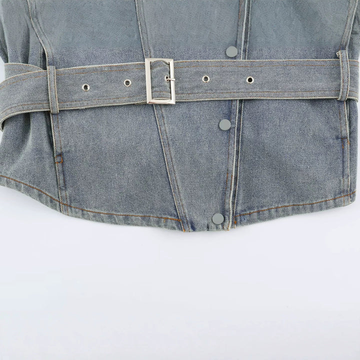 Women's denim jacket with belted waist and asymmetric snap button placket Amarae