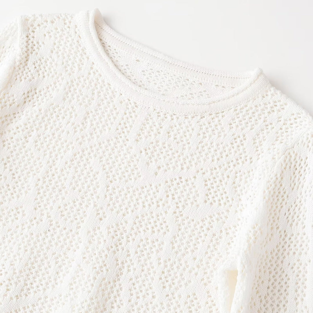 Women's Short Cut Lace Knit Crop Top with Round Neckline and Slightly Flared Sleeves Amarae