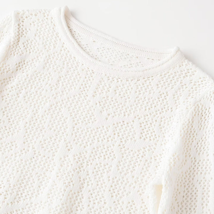 Women's Short Cut Lace Knit Crop Top with Round Neckline and Slightly Flared Sleeves Amarae