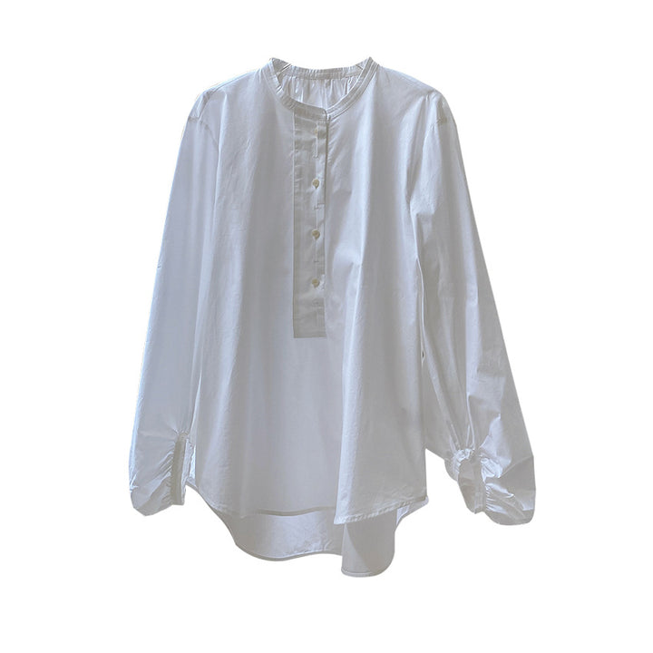 Women's Long Cut Poplin Tunic with Hidden Button Placket and Voluminous Balloon Sleeves Amarae