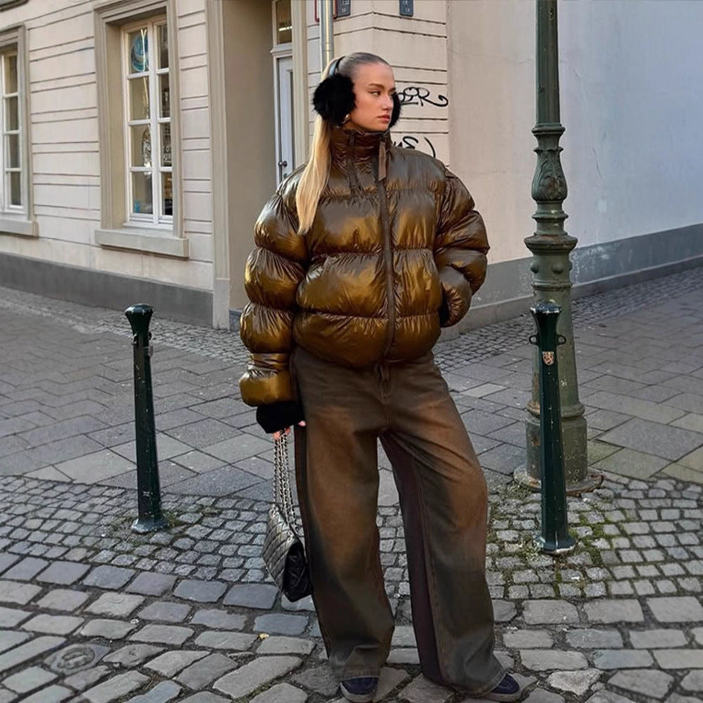 Women's Shiny Oversized Padded Jacket with Hood and High Stand-Up Collar Amarae