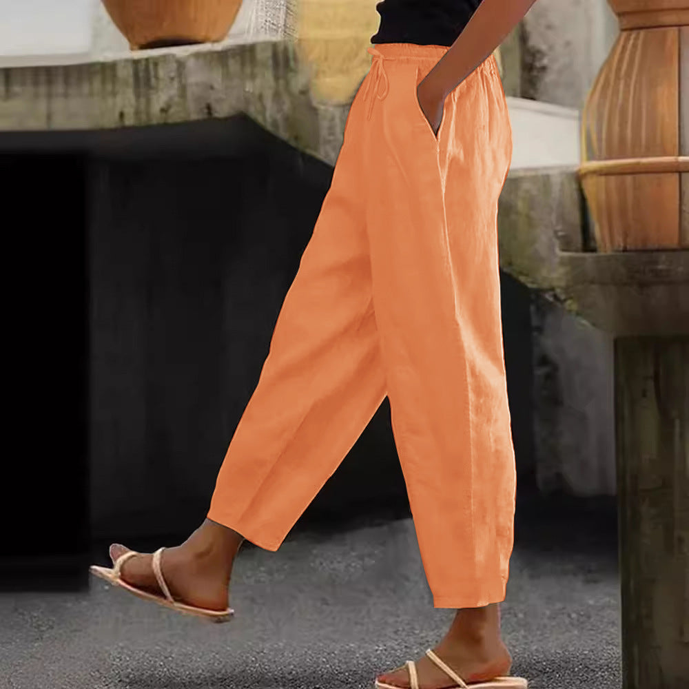 Women's Linen Blend Cropped Pants with Elastic Waistband, Drawstring and Side Pockets Amarae