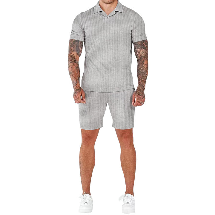 Casual short-sleeve men’s set with textured design and modern mock collar Amarae