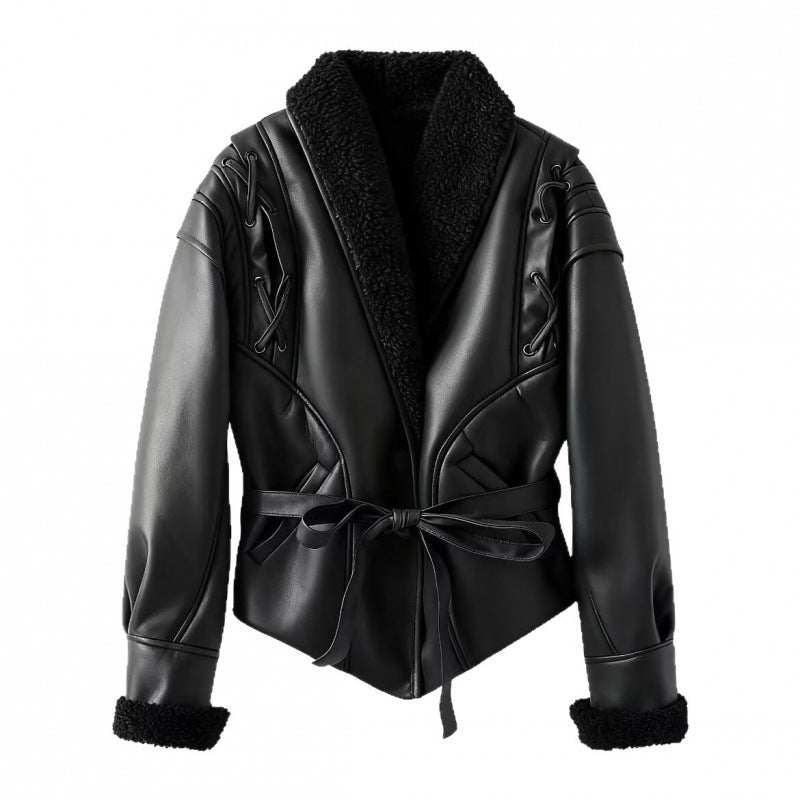 Faux leather jacket for women with warm shearling lining and elegant lacing details Lune London