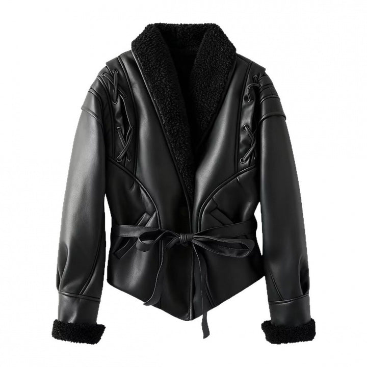 Faux leather jacket for women with warm shearling lining and elegant lacing details Lune London