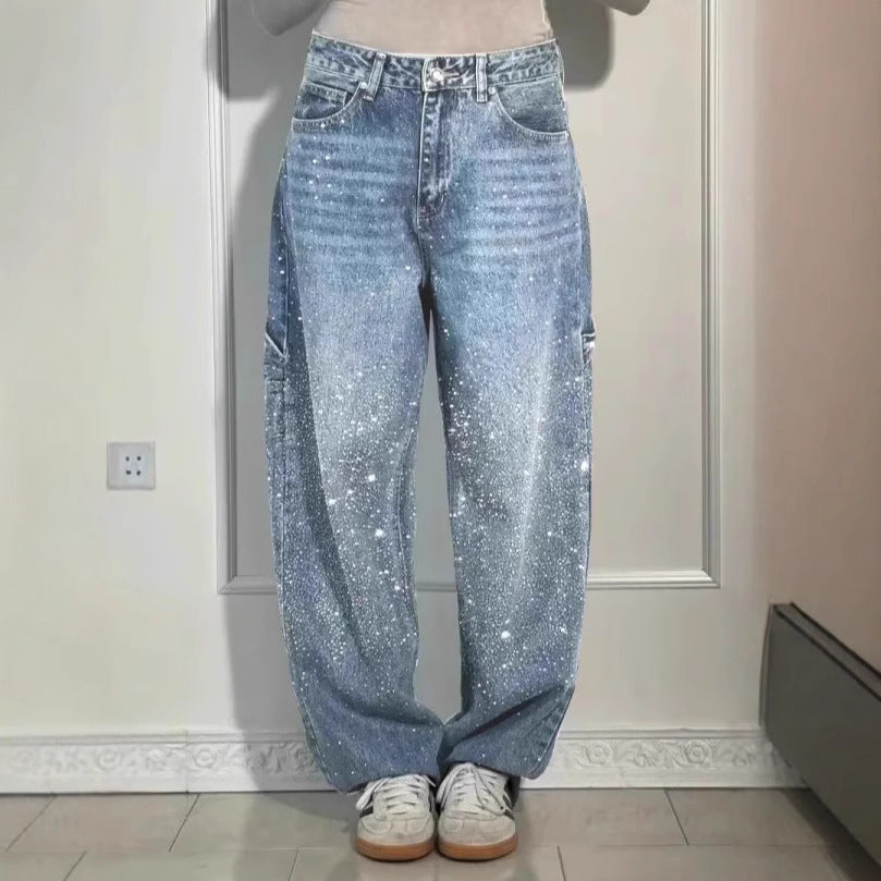 Ladies Oversized Cargo Jeans with Shimmering Detail Lune London