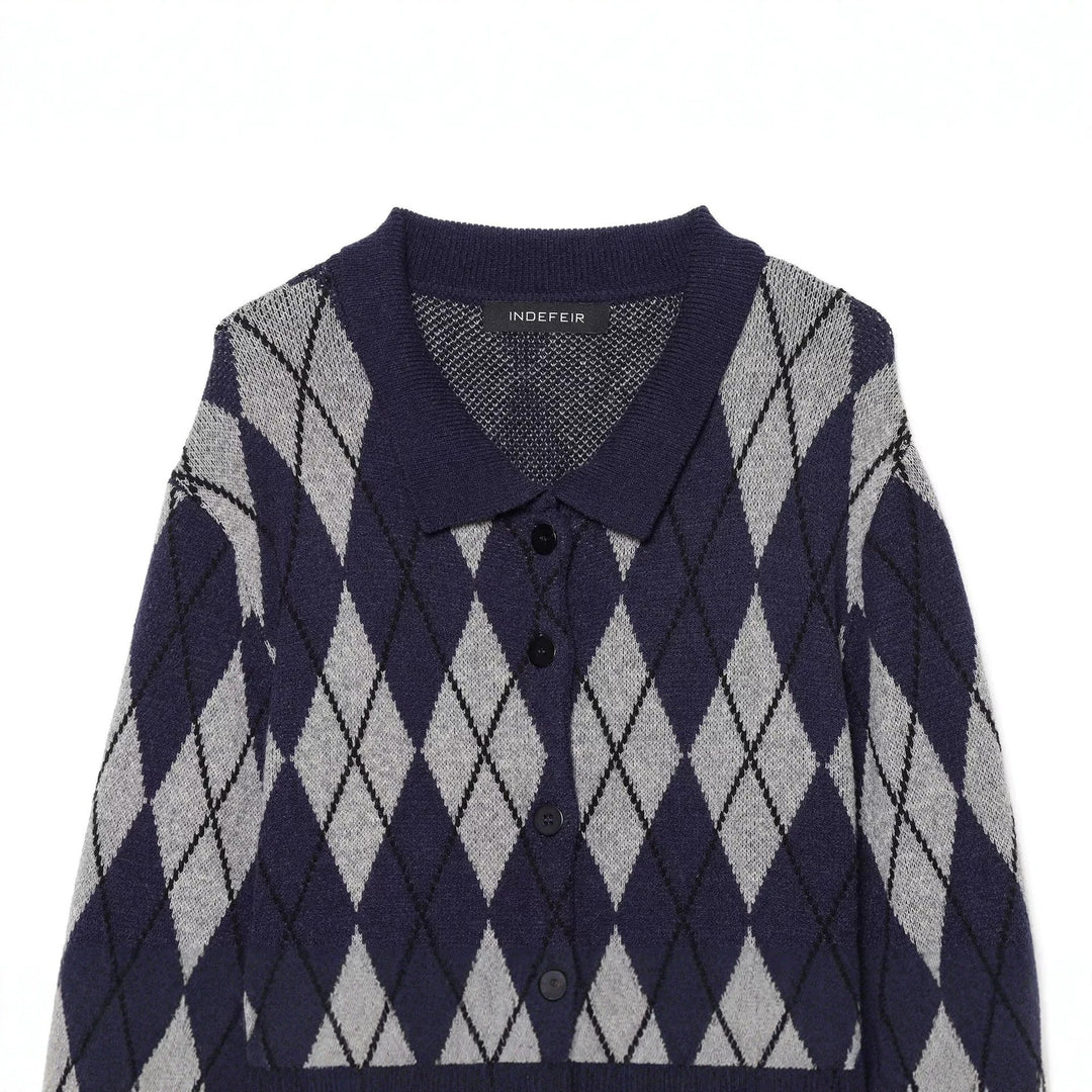 Women's argyle knit cardigan with shirt collar and full button placket Amarae