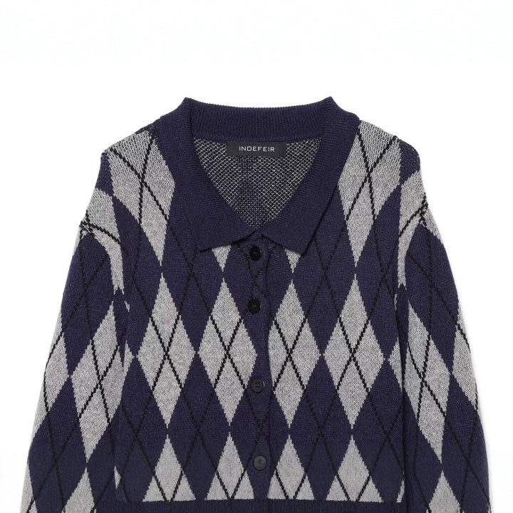 Women's argyle knit cardigan with shirt collar and full button placket Amarae