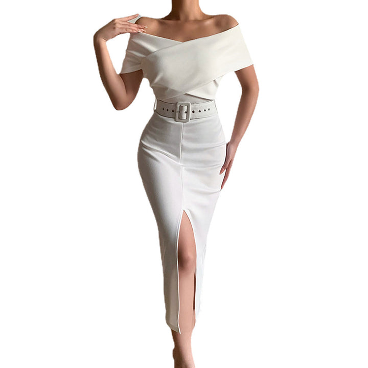 Midi dress for women fitted with bardot neckline and side slit Lune London