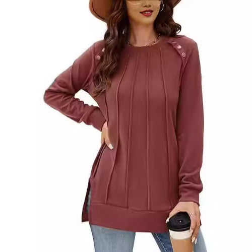 Ladies long sleeve T-shirt with decorative buttons and side slits Amarae