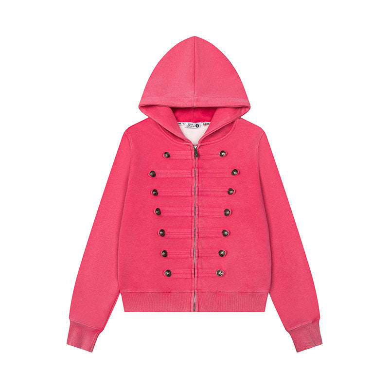 Women’s Hooded Sweat Jacket with Military Button Decoration and Full-Length Zipper Amarae