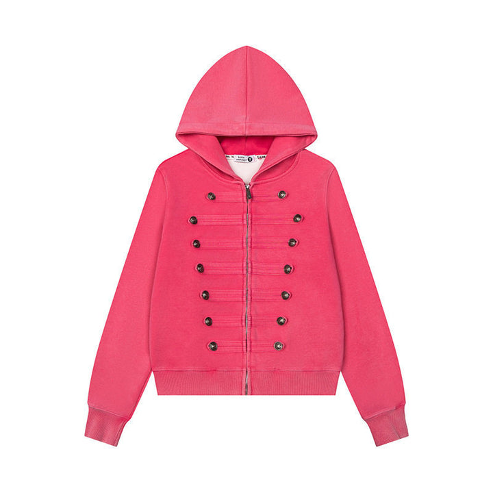 Women’s Hooded Sweat Jacket with Military Button Decoration and Full-Length Zipper Amarae
