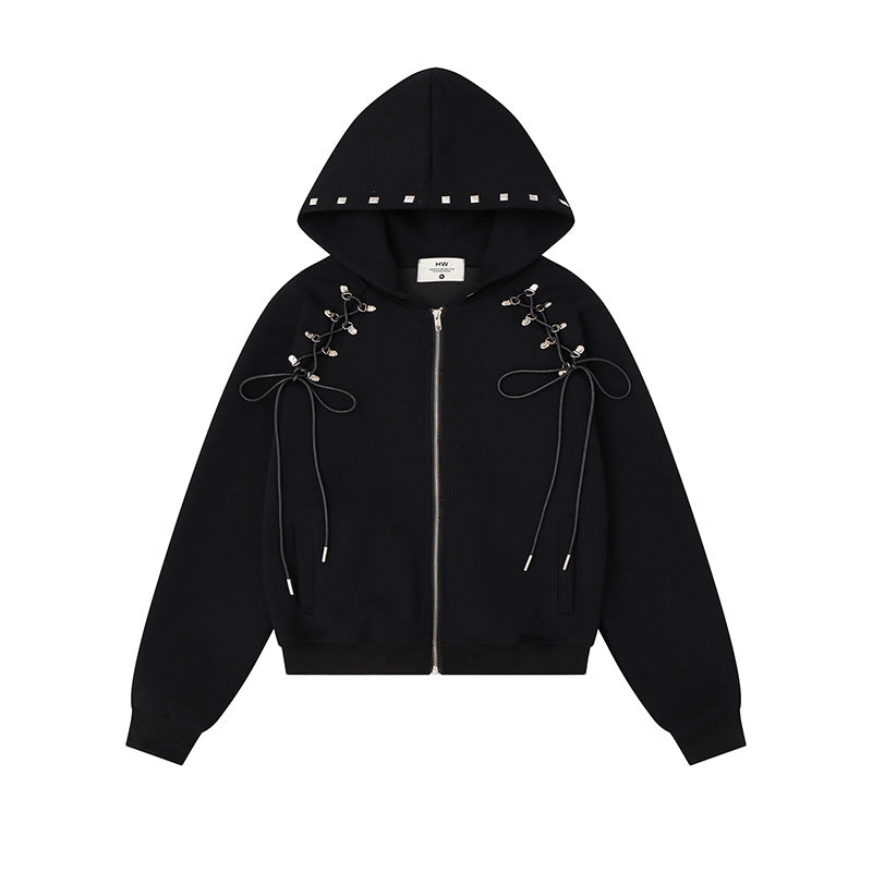 Women's hooded sweat jacket with lacing, metal eyelets, and long zipper Amarae