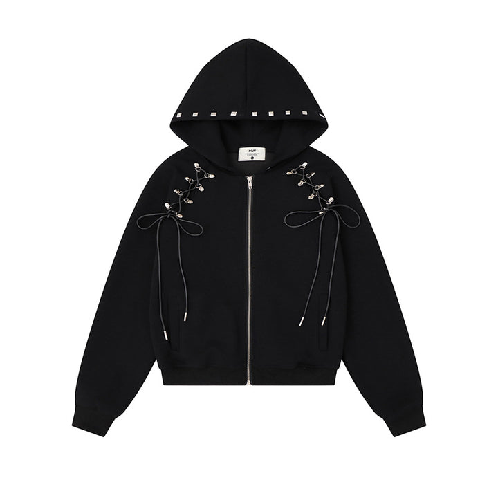 Women's hooded sweat jacket with lacing, metal eyelets, and long zipper Amarae
