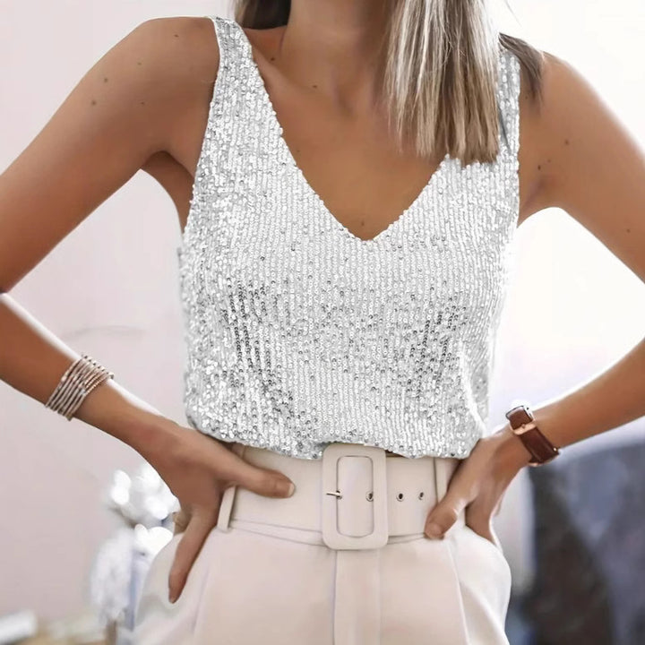Ladies Sequins-V neck sleeveless top Lune London