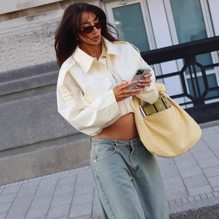 Women Short Boxy Cargo Jacket made of Cotton Blend with Oversized Flap Pockets Amarae