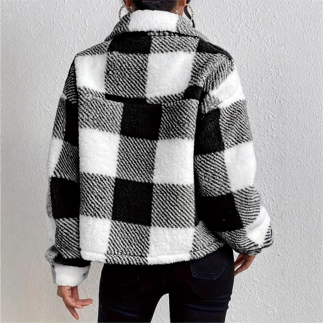 Ladies Cozy Tartan Jacket with Folded Collar Lune London