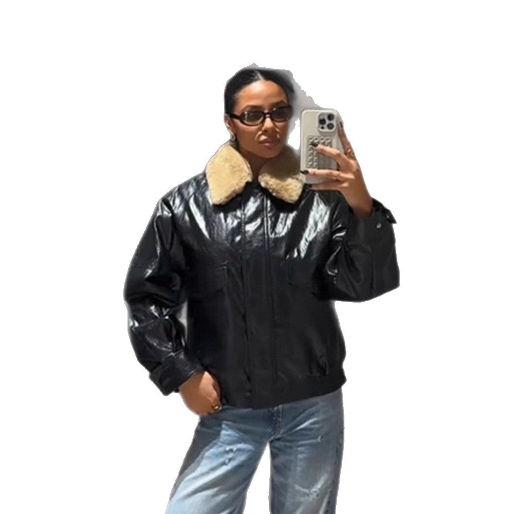 Women's Shiny Oversized Faux Leather Bomber Jacket with Voluminous Faux Fur Collar Amarae
