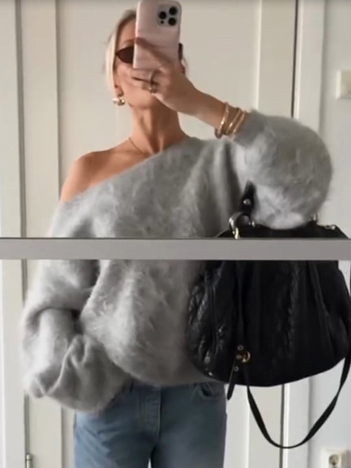 Women Oversize Mohair Blend Off-Shoulder Sweater with Balloon Sleeves Amarae