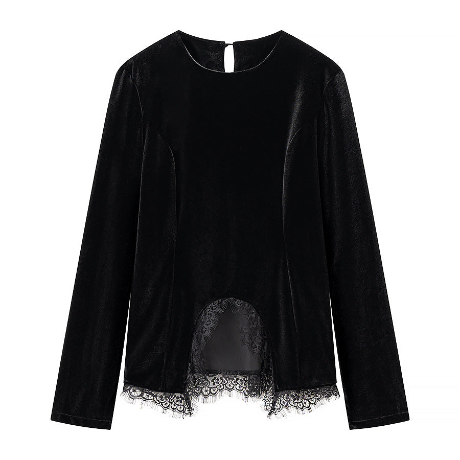 Ladies Velvet Long Sleeve with Lace Hem and Curved Front Detail Amarae