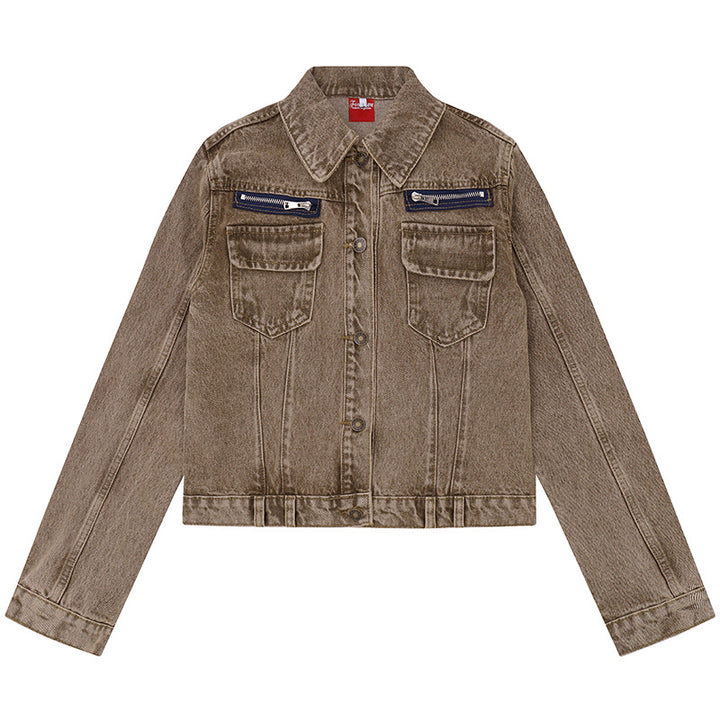 Women's short vintage denim jacket with chest pockets, zipper detail and button placket Amarae