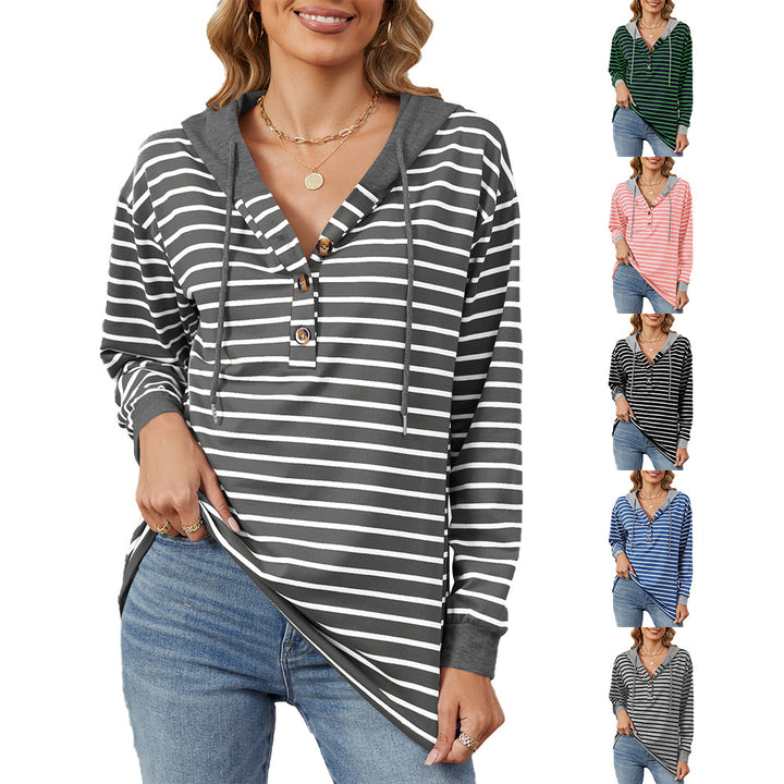 Ladies casual striped sweatshirt with button placket and comfortable fit Lune London