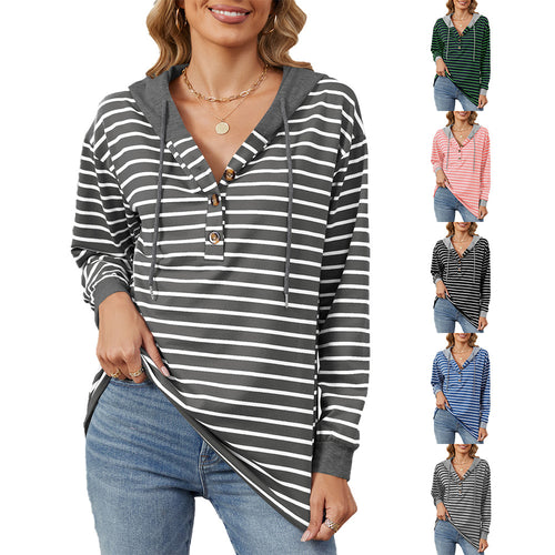 Ladies casual striped sweatshirt with button placket and comfortable fit Amarae
