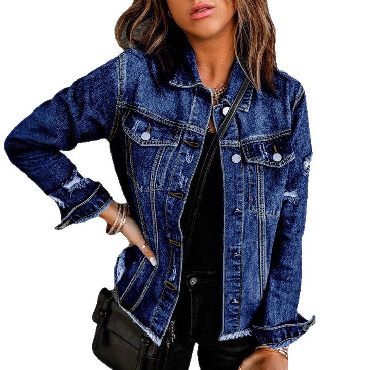 Women's Waist-Cinched Denim Trucker Jacket with Light Destroyed Effect and Fringed Hem Amarae