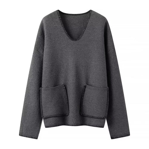 Casual knit sweater for women with V-neck and practical pockets Amarae