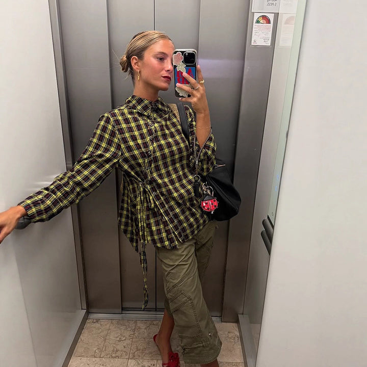 Ladies Checked Shirt Blouse with Drawstring Waist and Loose Fit Amarae