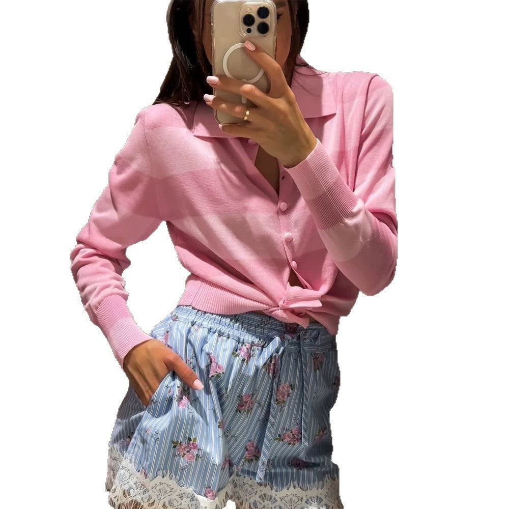 Women Light Short Cardigan with Shirt Collar, Covered Buttons & Knot Tie Amarae