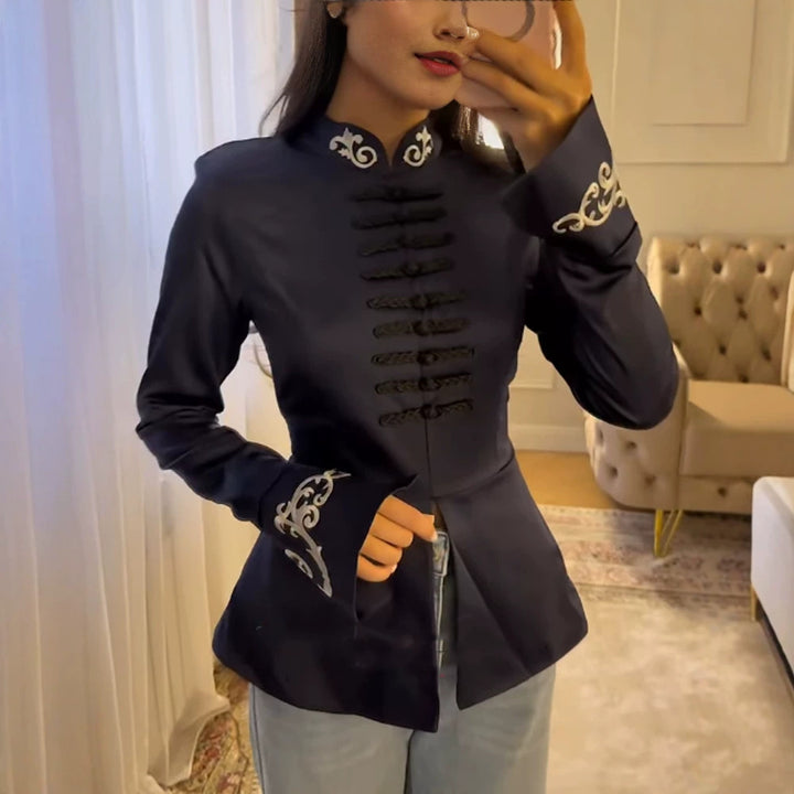 Women tailored satin jacket with mandarin collar, decorative cord closures and embroidered cuffs Amarae