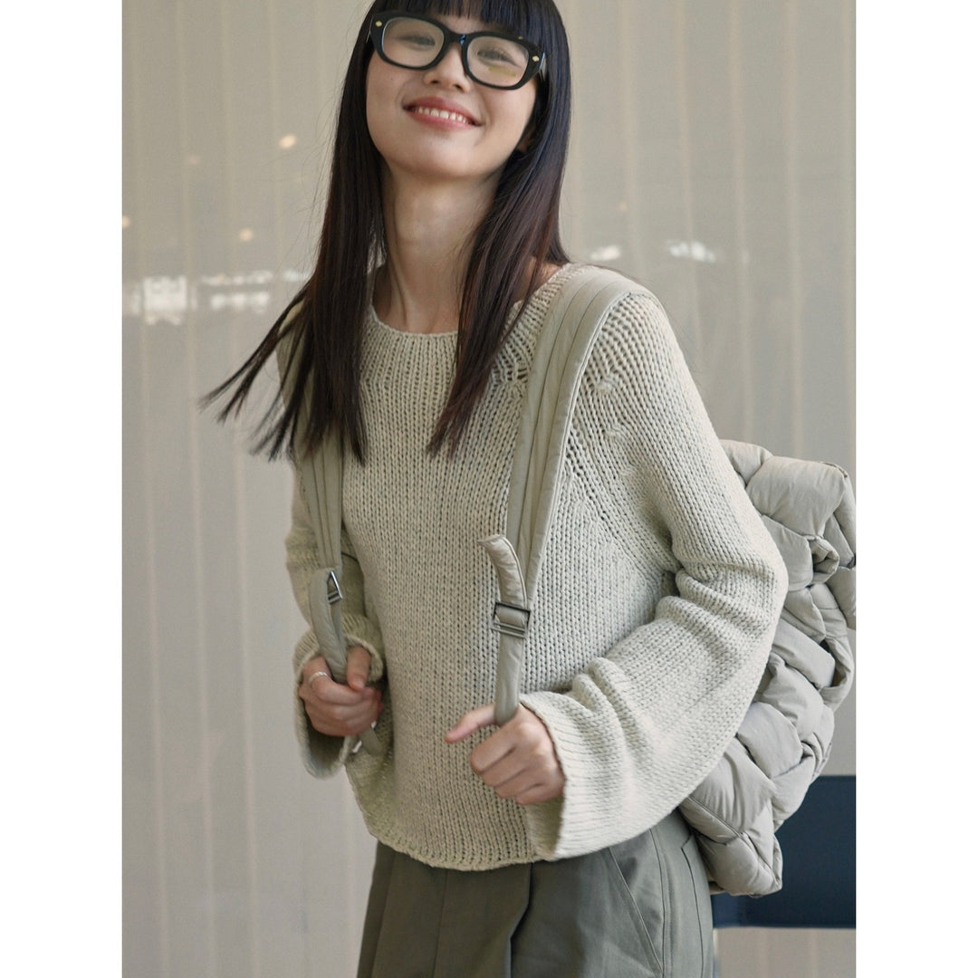 Women's Loose Chunky Knit Sweater with Wide Round Neckline and Bell Sleeves Amarae