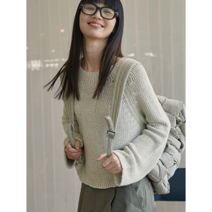 Women's Loose Chunky Knit Sweater with Wide Round Neckline and Bell Sleeves Amarae