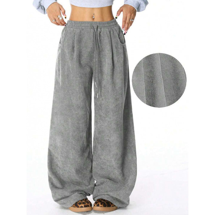 Ladies Wide Cord Pants with High Elastic Waist and Drawstring Amarae