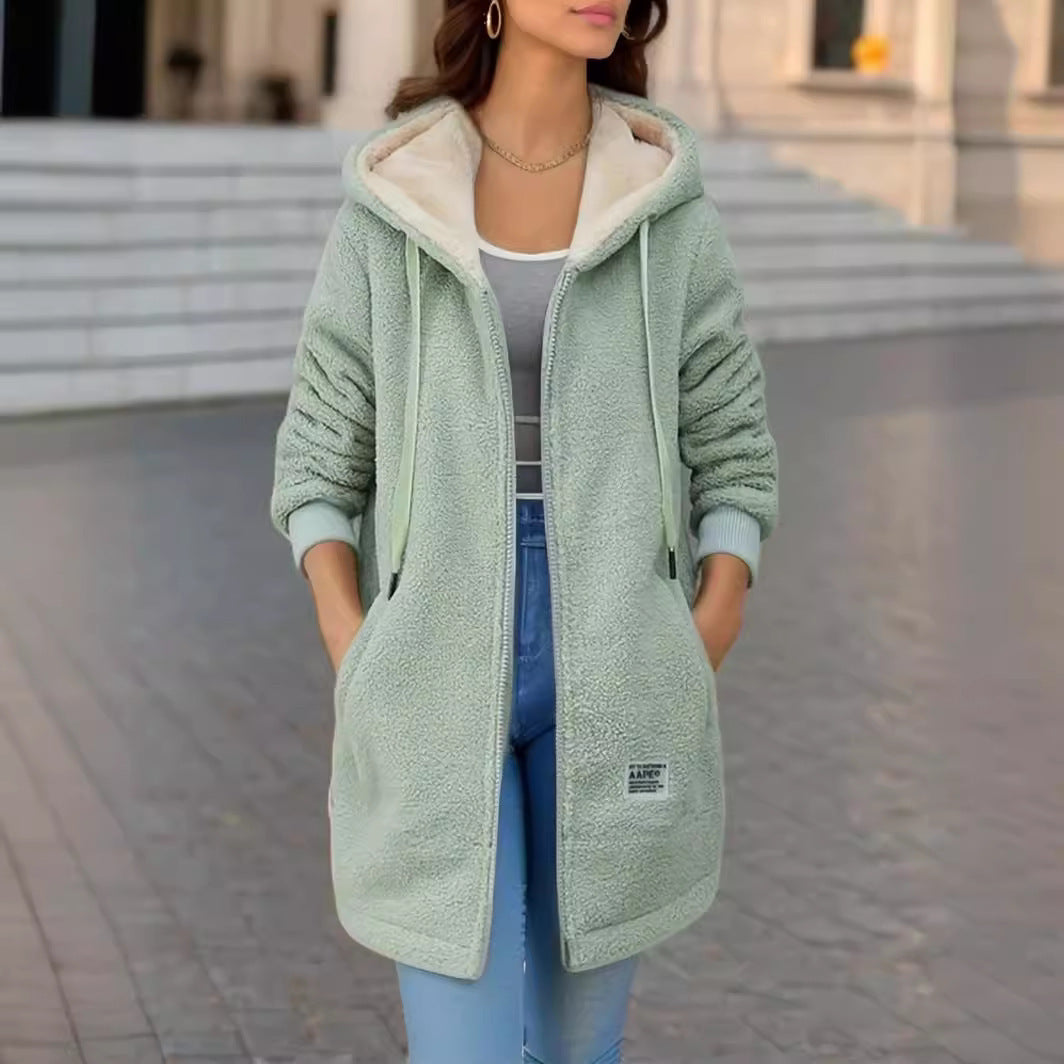Lady Casual Teddy Jacket with Hood and Practical Pockets Lune London