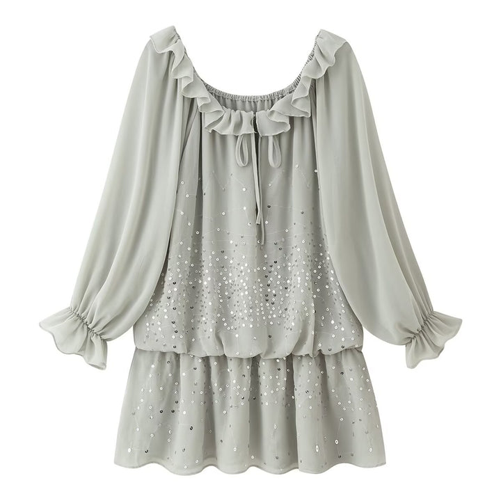 Women Chiffon Mini Dress with Ruffled Collar, Balloon Sleeves and Sequin Decoration Amarae