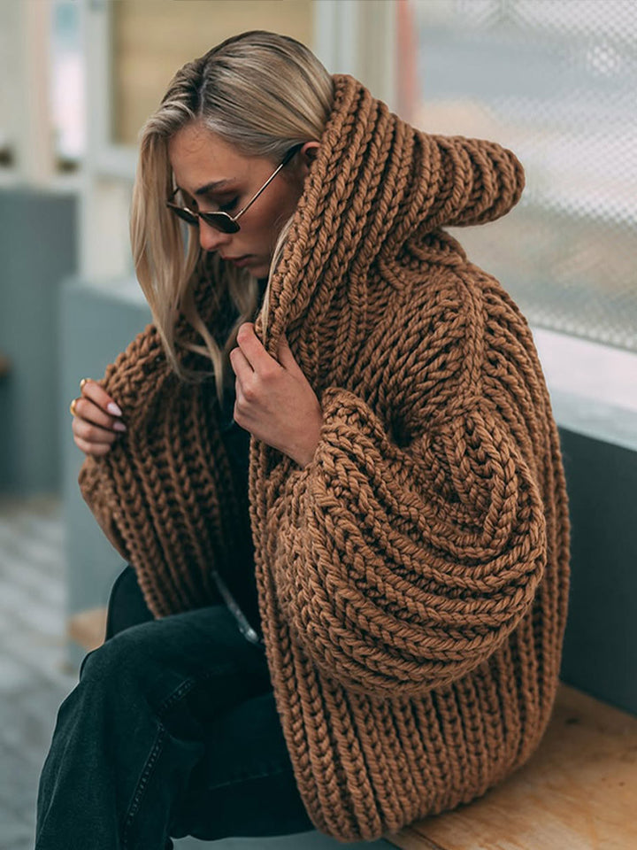 Women Oversize Chunky Knit Cardigan with Large Hood & Voluminous Sleeves Amarae