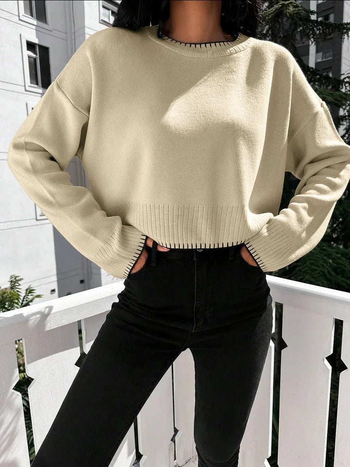 Cropped knitted sweater for women with wide hem and decorative detail Lune London