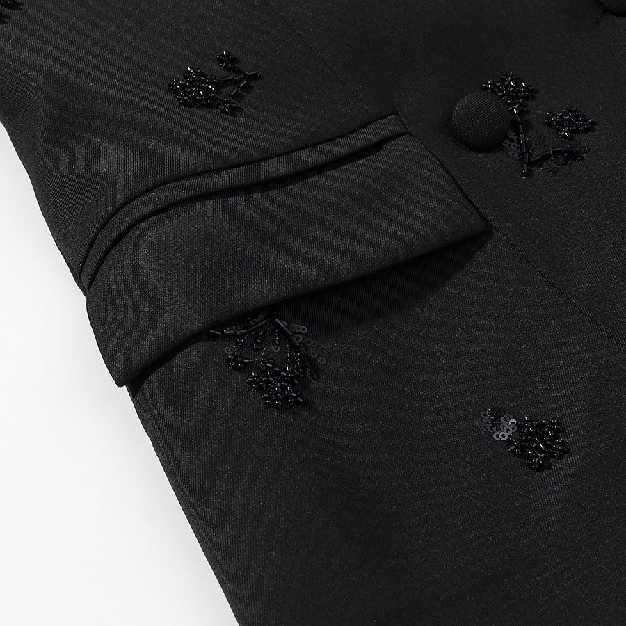 Women's Double-Breasted Blazer with Sequin Flowers and Shawl Collar Amarae