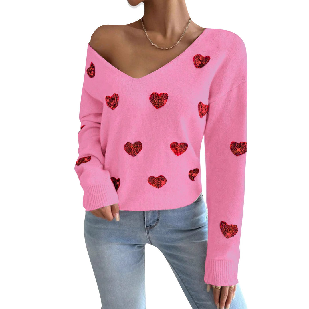 Pull surdimensionné pour femmes avec décolleté en V profond et motif cœur Chic & Stil